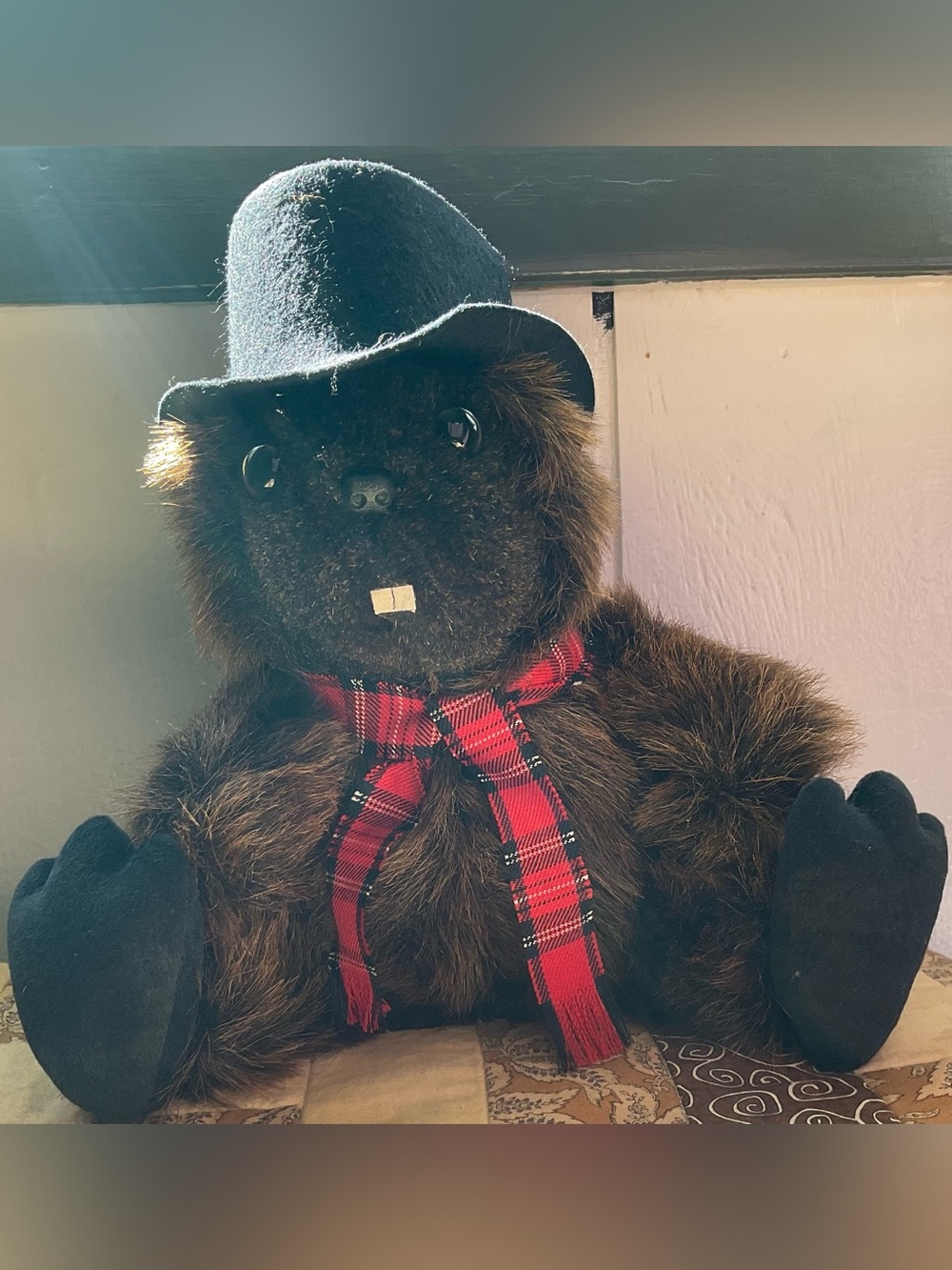 Kids Plush Beaver Hat & Plaid Scarf Accessory - Brown